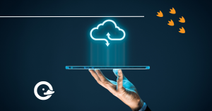 cloud transition visualization over a tablet device in a persons hand branded to all your ducks